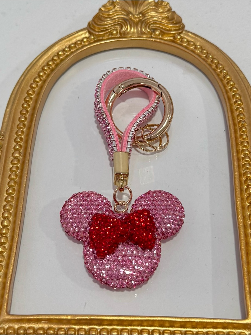 New Pink Bling Metal Minnie w/ Red Bow Keychain Bag Charm - Picture 4 of 5